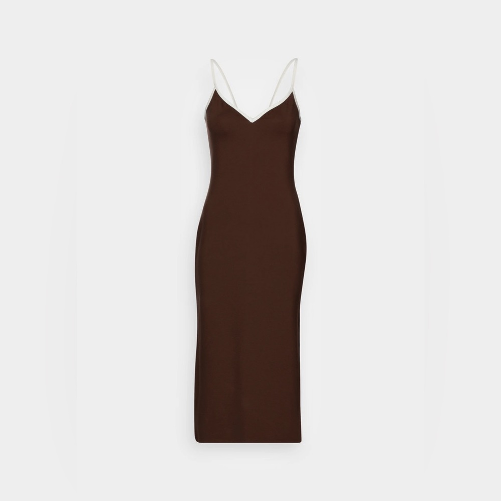 NWOT Abercrombie Notch Neck Brown Dress With White Piping And Slit - Picture 5 of 14